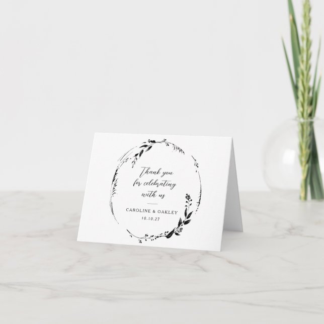 Black White Floral Wreath Wedding Custom Names Thank You Card (Front)