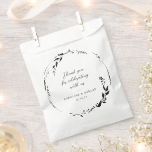Black White Floral Wreath Wedding Custom Thank You Favour Bags