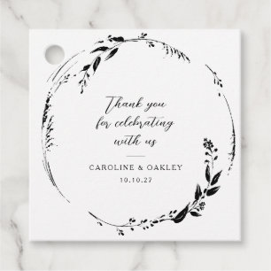 Black White Floral Wreath Wedding Custom Thank You Favour Tags