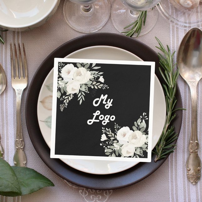Black white florals business logo napkin (Creator Uploaded)