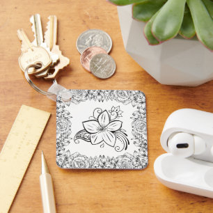 Black White Florals, Monochrome Beauty Key Ring