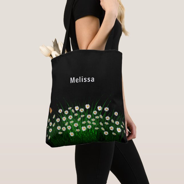 Black white florals name elegant tote bag (Close Up)