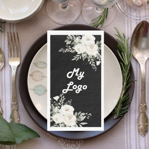 Black white florals navy blue business logo napkin