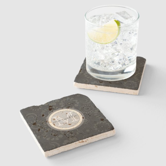 Black White Flower Background Monogram Stone Coaster (Side)