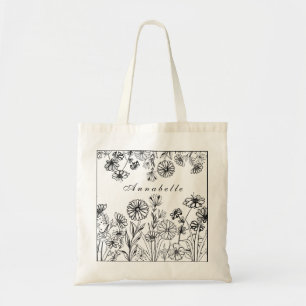 Black white flower garden graphic line art custom tote bag