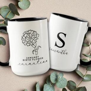 Black White Flower January Birthday Gift Monogram Mug