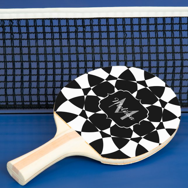 Black white flower mandala mosaic retro Monogram Ping Pong Paddle (Insitu)