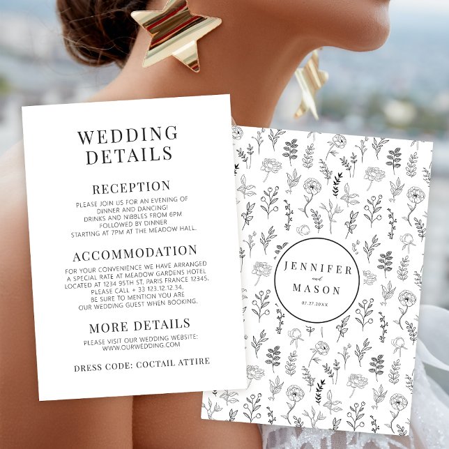 Black white flower minimalist wedding details Card (Creator Uploaded)