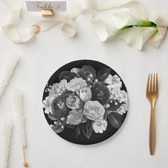 Black & White Flower Paper Plates (Wedding)