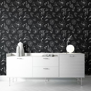 Black white flower pattern botanical dark floral wallpaper
