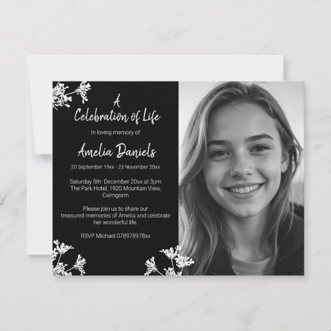 Black White Flower Photo Celebration of Life Card (Front)