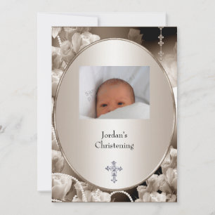 Black & White Flower Photo Frame Baptism Invitation