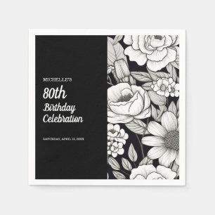 Black White Flowers 80th Birthday Napkin