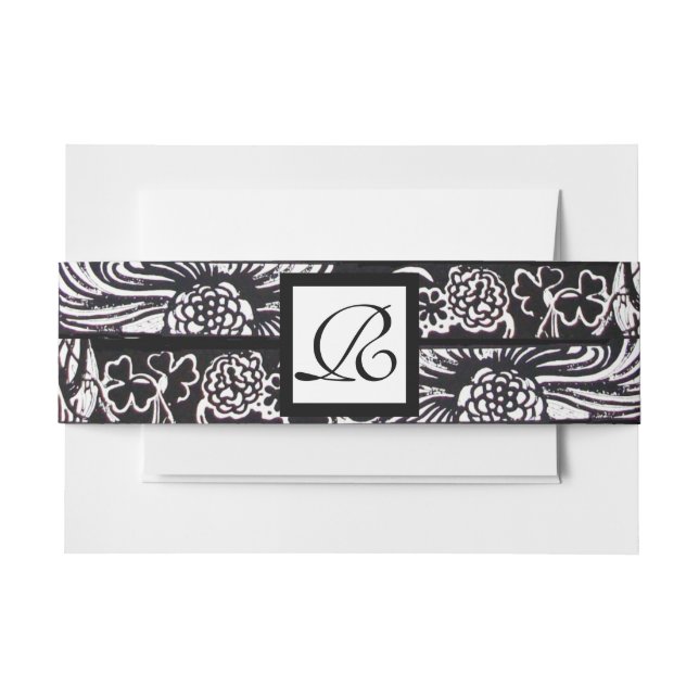 Black White Flowers and Shamrocks Floral Monogram Invitation Belly Band (Front Example)