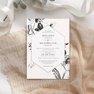 Black & white flowers botanical gold frame wedding invitation
