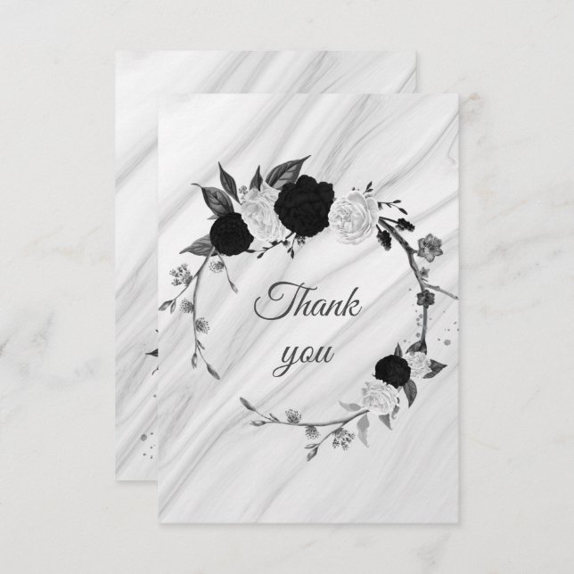 black & white flowers botanical marble thank you card (Front/Back)