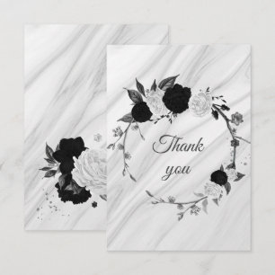 black & white flowers botanical marble thank you card