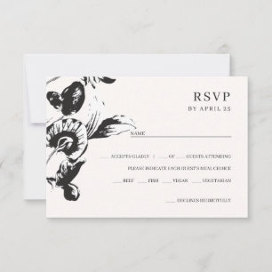 Black & white flowers elegant botanical wedding RSVP card