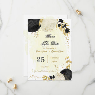 black & white flowers gold botanical save the date