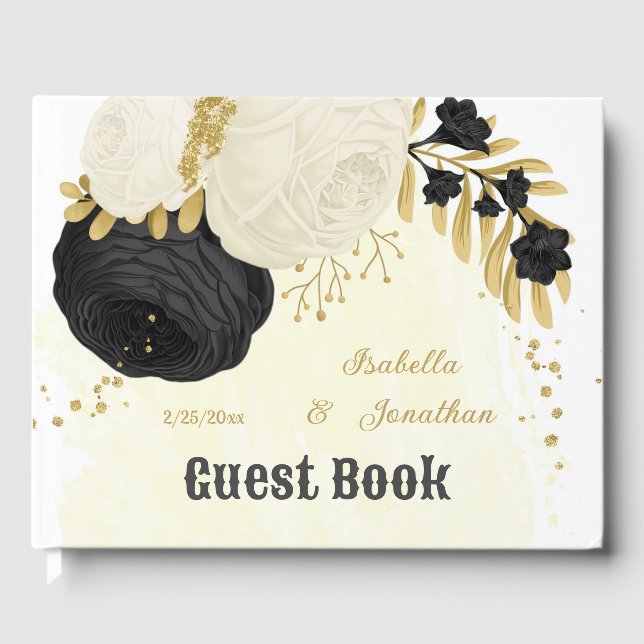 black & white flowers gold botanical wedding guest book (Front)