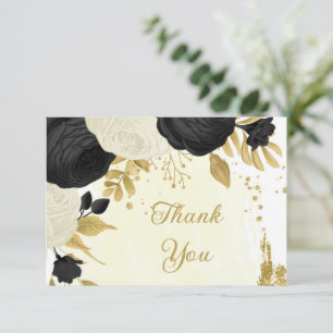 black & white flowers gold botanical wedding thank you card