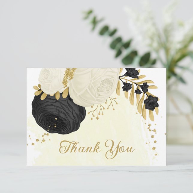 black & white flowers gold botanical wedding thank you card (Standing Front)