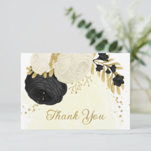 black & white flowers gold botanical wedding thank you card