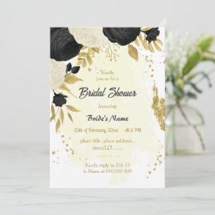 black & white flowers gold bridal shower invitation