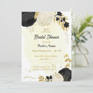 black & white flowers gold bridal shower invitation