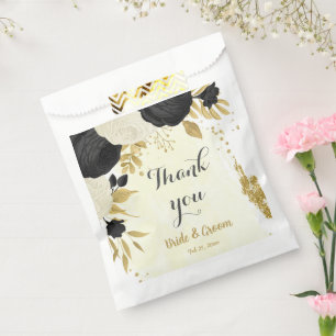 black & white flowers gold favour bags