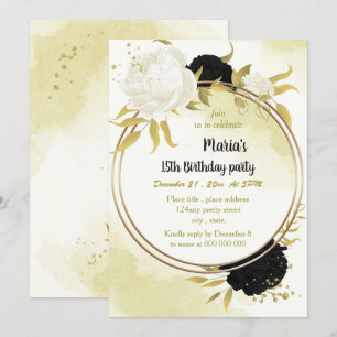 black white flowers gold leaves birthday  invitation