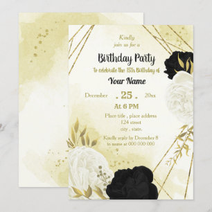 black white flowers gold leaves birthday invitation