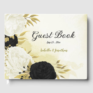 black white flowers gold leaves guest book