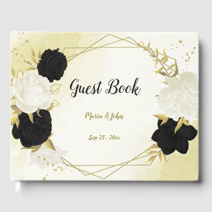 black white flowers gold leaves guest book