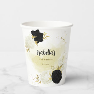 black white flowers gold leaves  paper cups