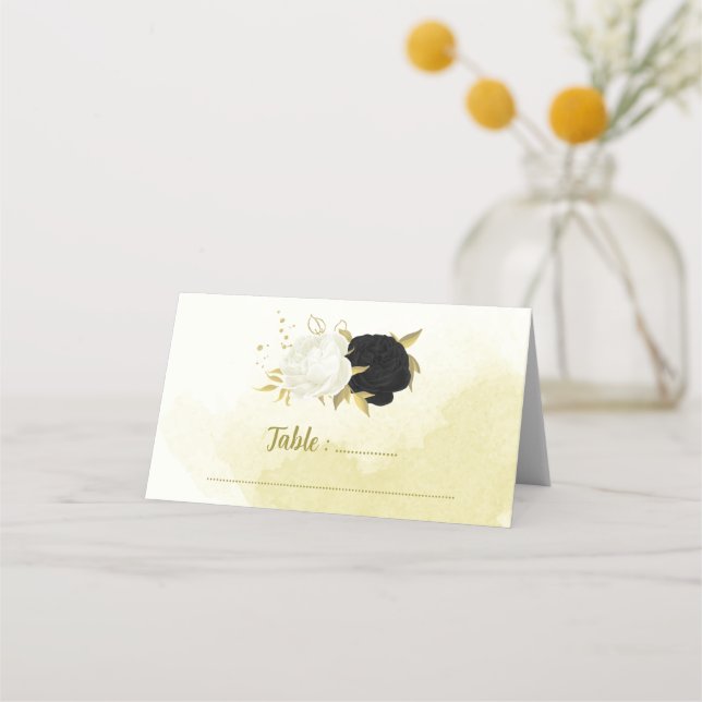black white flowers gold leaves place card (Front)