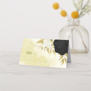 black white flowers gold leaves place card