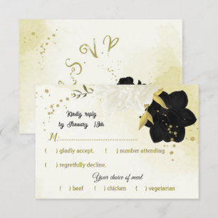 black white flowers gold leaves RSVP card