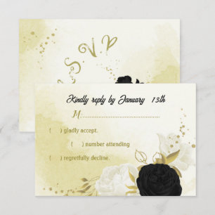 black white flowers gold leaves RSVP card