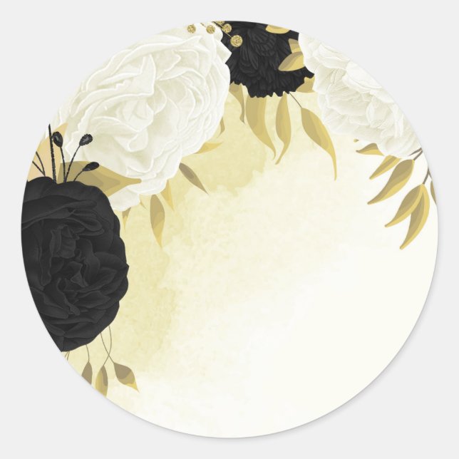 black white flowers gold leaves wedding classic round sticker (Front)