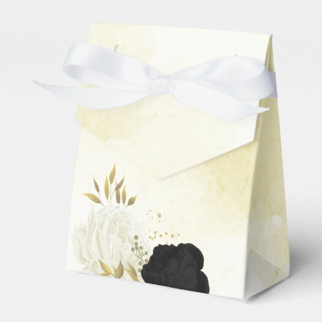 black white flowers gold leaves wedding favour box (Front Side)