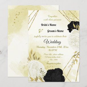 black white flowers gold leaves wedding invitation
