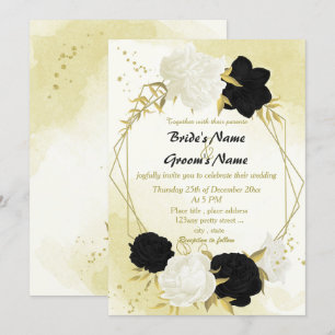 black white flowers gold leaves wedding invitation