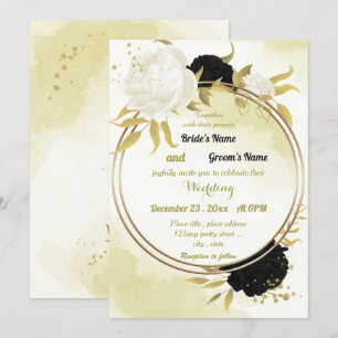 black white flowers gold leaves wedding invitation