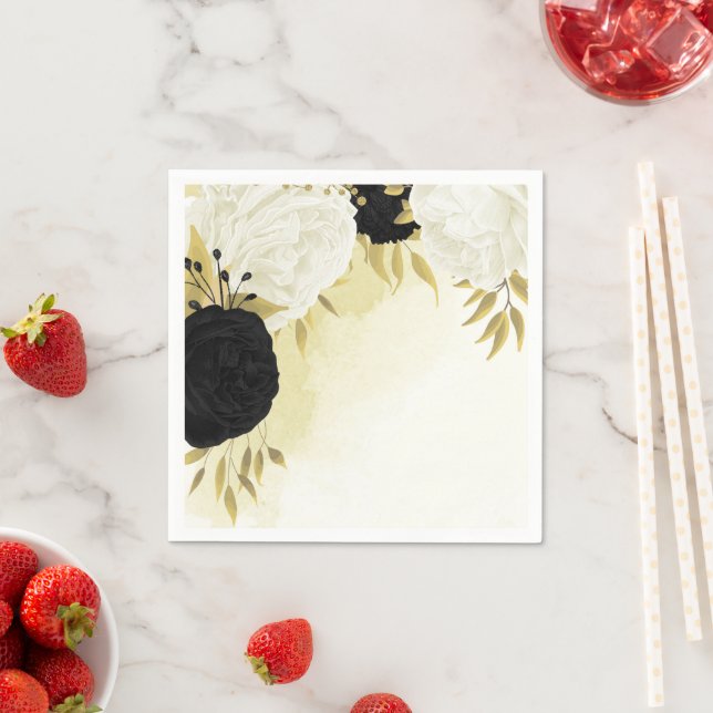 black white flowers gold leaves wedding napkin (Insitu)