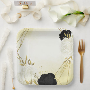 black white flowers gold leaves wedding paper plate