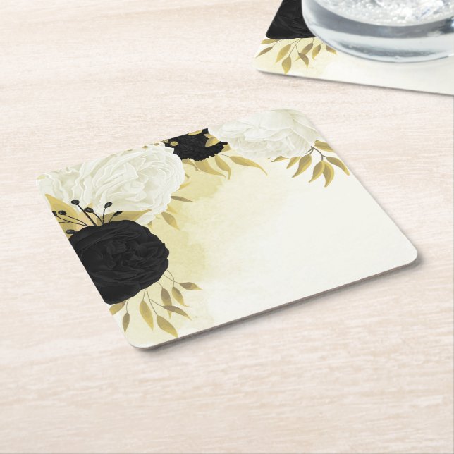 black white flowers gold leaves wedding square paper coaster (Angled)