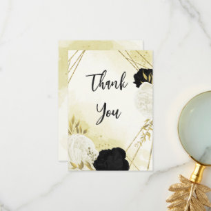 black white flowers gold leaves wedding thank you card