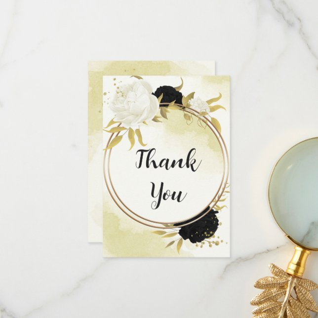 black white flowers gold leaves wedding thank you card (Front/Back In Situ)