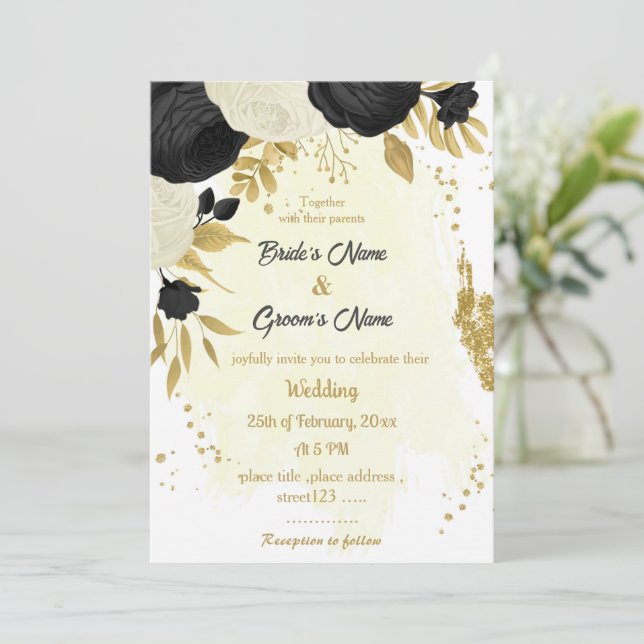 black & white flowers gold wedding  invitation (Standing Front)